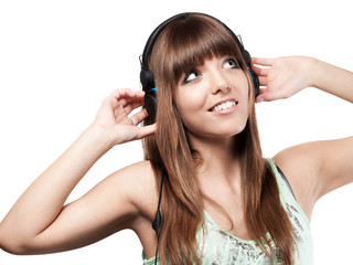 pretty young woman with blue headset - isolated