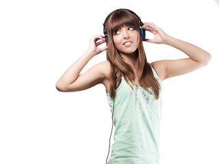 pretty young woman with headset eyes left - isolated