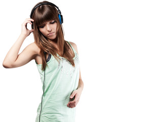 pretty young woman with headset eyes down left - isolated