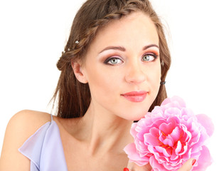 Young woman with beautiful hairstyle and flower, isolated