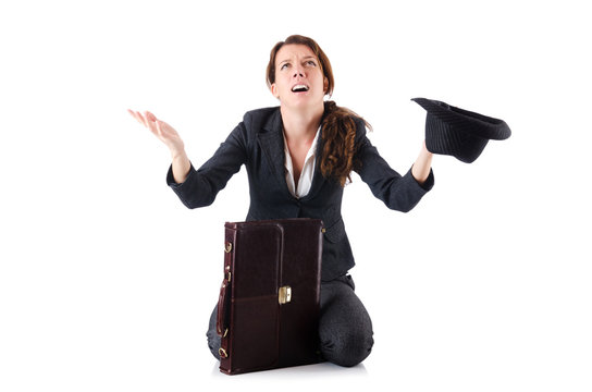 Businesswoman begging some money on white