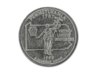 United States Pennsylvania quarter dollar coin on white