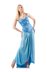 Naklejka premium Attractive woman in blue dress on white
