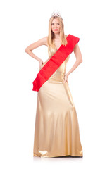Beauty queen at contest isolated on white