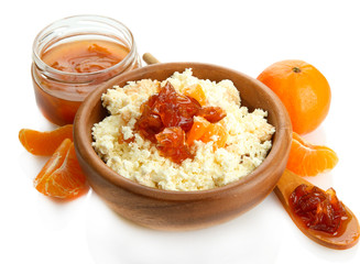 cottage cheese in bowl with homemade tangerine jam, isolated