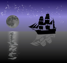 Naklejka premium sailer and moon reflections