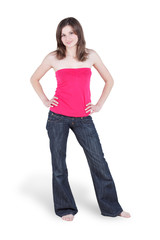 Fototapeta premium Young barefooted woman in blue jeans and in red blouse
