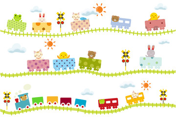 子供向け可愛い踏切のある線路を走る動物電車 © ニコ