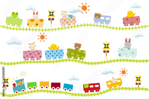 子供向け可愛い踏切のある線路を走る動物電車 Wall Mural ニコ 子供向け可愛い踏切のある線路を走る動物電車 Wall Mural ニコ