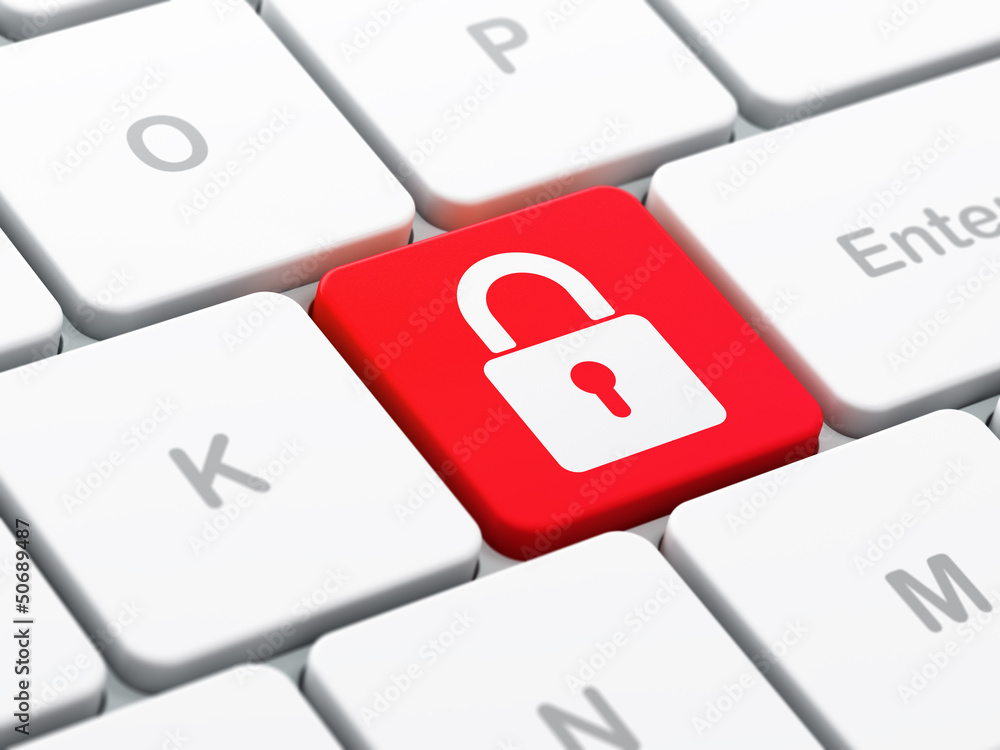 Poster protection concept: closed padlock on computer keyboard backgrou