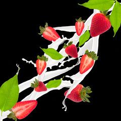 Strawberry and leaf in milk splash, isolated on black background