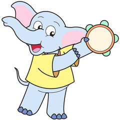Cartoon Elephant Playing a Tambourine