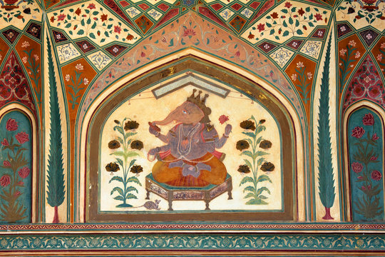 paint on wall of palace in Jaipur fort