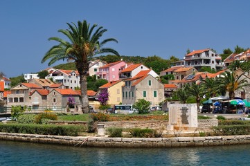 Fototapeta na wymiar Budynki i palmy w Vrboska na wyspie Hvar, Chorwacja