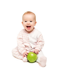 Fototapeta premium cute happy baby with fruit green apple isolated