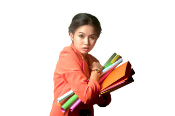 Busy business woman with a lot of folders and papers ,isolated .