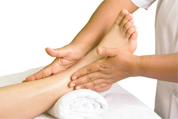 foot massage, spa foot oil treatment on white background