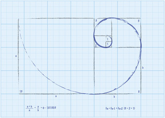 Naklejka premium Fibonacci Sequence - Golden Spiral Sketch