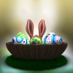 decorated Easter eggs on the grass in basket