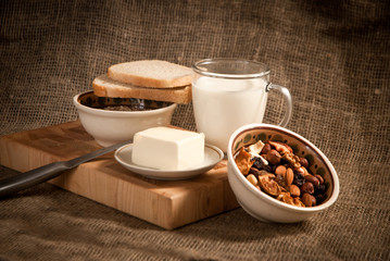 healthy  meal with bread,milk and cereals