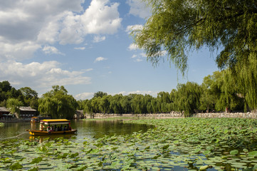 Landscape of Beijing:lake, lotus, boat and the blue sky