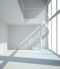Empty white room with staircasel in waiting for tenants illustra