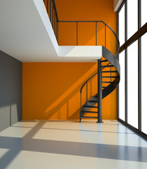 Empty room with staircase and orange wall