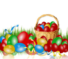 easter strawn basket red eggs strawn grass ribbons