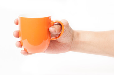 Man holding a cup of coffee, isolated on white