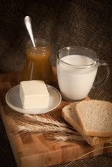 healthy meal with bread,milk and cereals