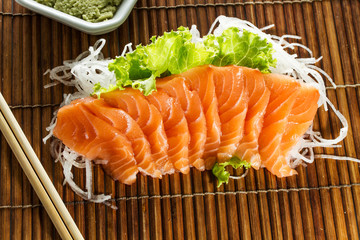 Sliced raw salmon sashimi