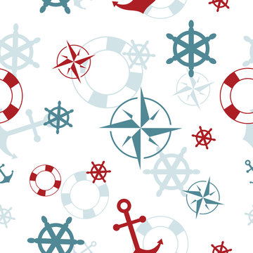 Seamless pattern: maritime symbols - anchor, life buoy, the wind