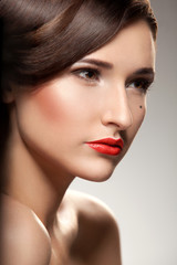 Red lips. Portrait of a Beautiful Woman. Makeup