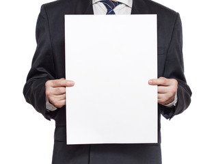 A man with a blank paper vertical