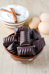 Chocolate , flour, eggs, ingredients