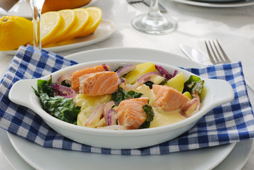 Salmon with potatoes and spinach cream sauce