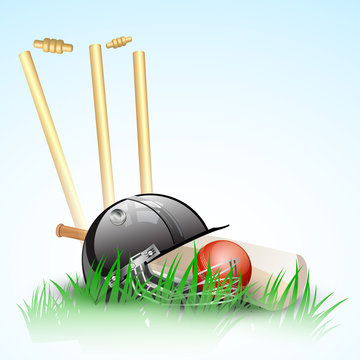 Abstract Sports Concept With Cricket Ball On Wicket Stumps.