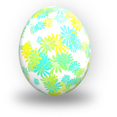 Uovo di pasqua con fiori gialli verdi e azzurri su fondo bianco