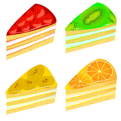 set of pieces of cake with kiwi strawberry banana and orange