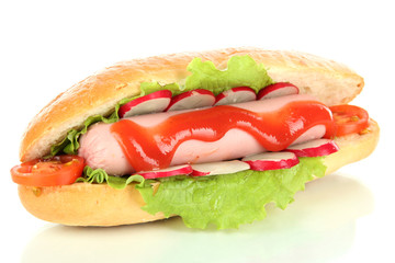 Tasty hot dog with vegetables isolated on white