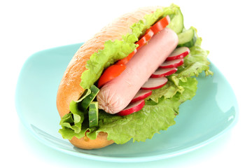 Tasty hot dog with vegetables isolated on white