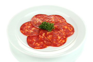 Salami slices on white plate, isolated on white