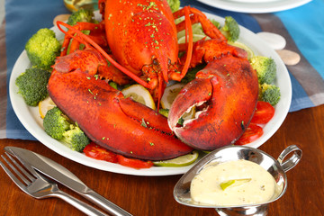 Red lobster on platter on serving table close-up