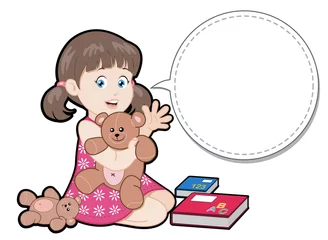 Tableaux ronds sur plexiglas Ours Petite fille de dessin animé jouant avec des ours en peluche