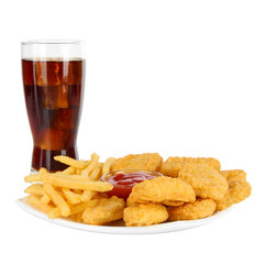 Fried chicken nuggets with french fries,cola and sauce isolated