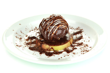 Chocolate dessert on big plate isolated on white