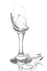 Broken champagne glass isolated on white