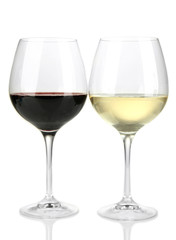 Two glasses of  red and white wine, isolated on white