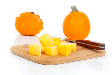 sliced pumpkin, ready for cooking. isolated on white
