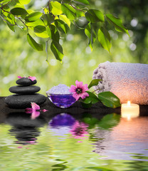 Obraz na płótnie Canvas dwie świece i ręczniki kamienie czarny i fioletowy kwiat na wodzie
